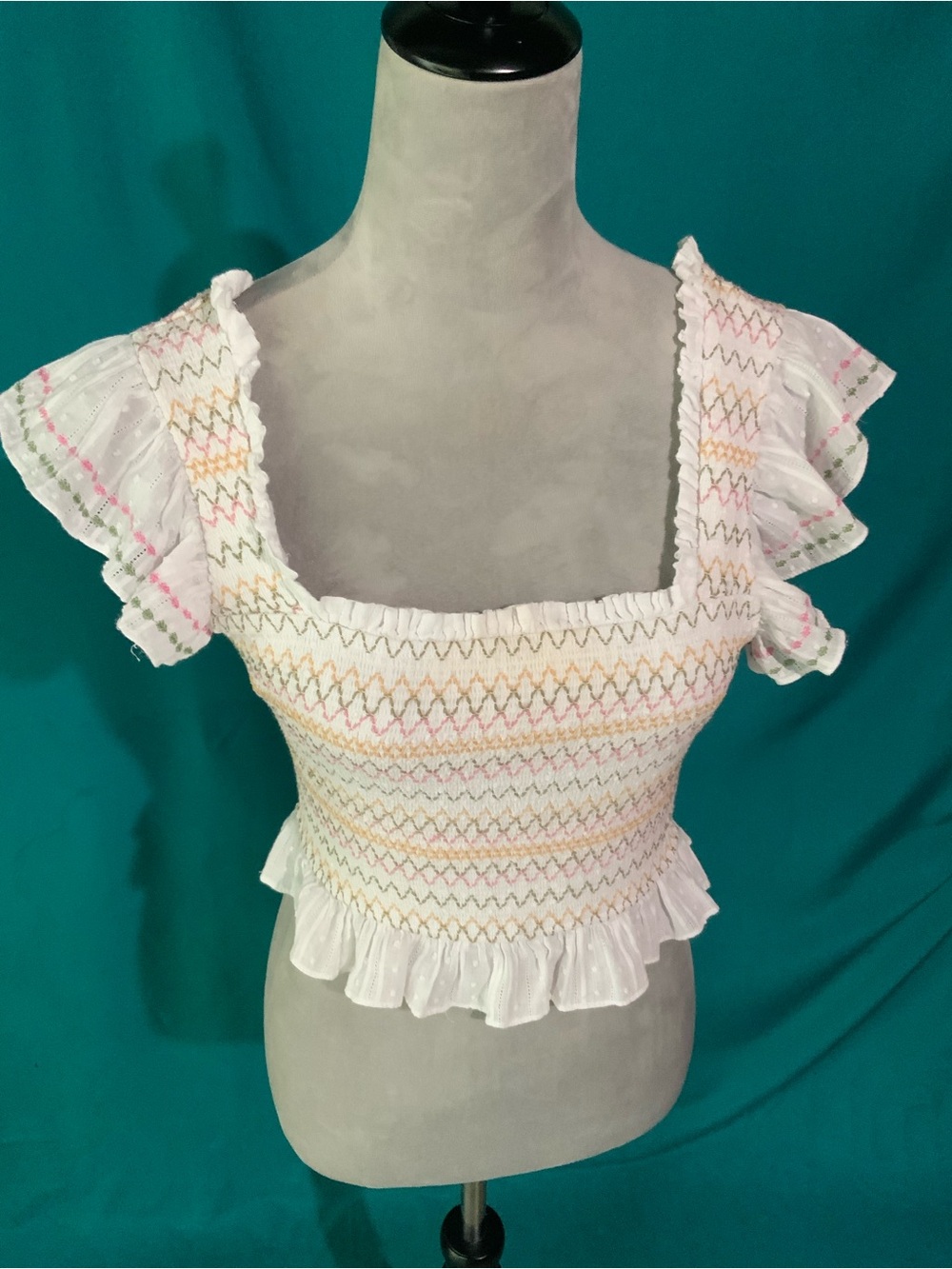 Free the Roses White/Multicolor Smocked Crop Top with Pastel Zigzag Stitching